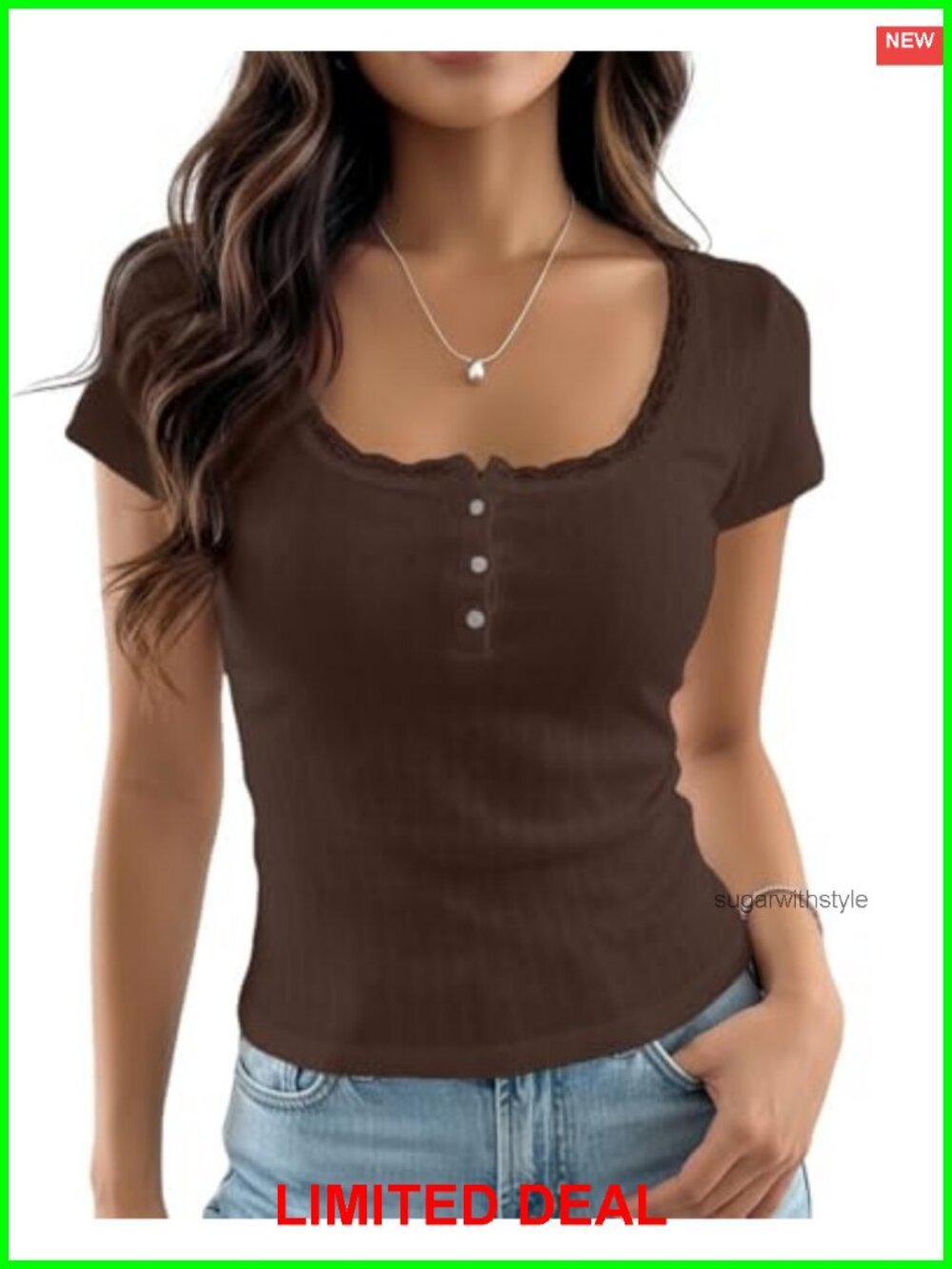 Women Lace Patchwork Pointelle Crop T-Shirt Scoop Neck Button Up Henley Top